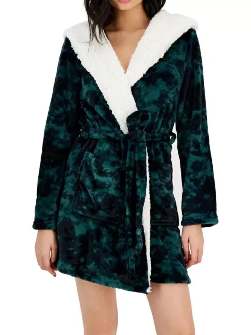 Jenni Women's Faux-Sherpa Lined Hood Short Robe, Green Tie-Dye, XS to Small